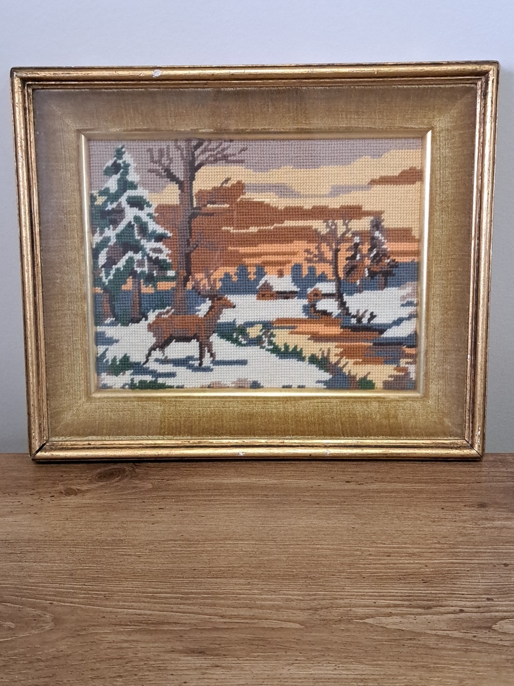 Vintage Needlepoint Framed Artwork Deer Cabins Nature Scene Woodland Classic